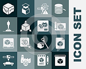Set 3D printer, Isometric cube file, Graphing paper for engineering, warning, model, and icon. Vector