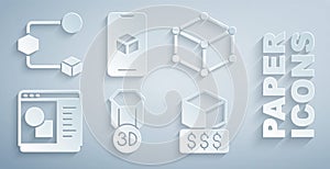 Set 3D printer, Isometric cube, software, services, and icon. Vector