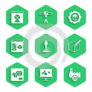 Set 3D printer model, software, Printing house industry, 3d pen tool, setting and icon. Vector