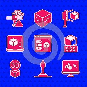 Set 3D printer, model, software, services, Isometric cube, scanner with and warning icon. Vector