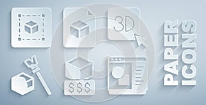 Set 3D printer services, Isometric cube, software, file and Geometric figure Cube icon. Vector