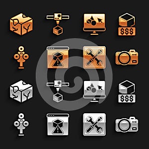 Set 3D printer, services, Photo camera, setting, scanner, software, Isometric cube and icon. Vector