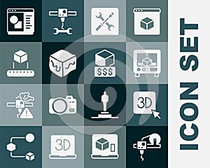 Set 3D printer, setting, Isometric cube, software and services icon. Vector
