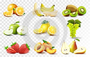 Set of 3d realistic juicy fruits apple, banana, orange, lemon, grapes., peach, strawberry, pear, kiwi. Whole and halved fruits,