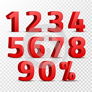 Set of 3D red numbers sign. 3D number symbol with percent discount design isolated