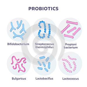 Set of 3d render Probiotic Bacteria Bulgaricus, Lactobacillus, Propionbacterium. Lactococcus, Streptococcus Thermofillus photo