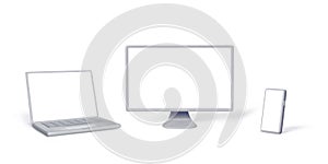 Set of 3D silver computer devices for banner design. Mock up of laptop, PC monitor, smartphone with empty white screen