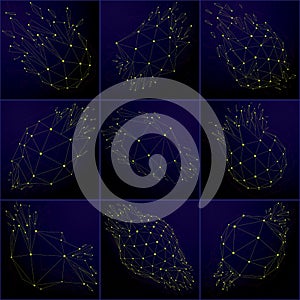 Set of 3d vector digital wireframe objects broken into different