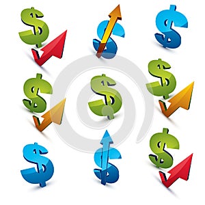 Set of 3d vector green dollar signs with different arrows.