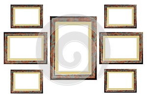 Set of 3d vintage photo frames on the wall. 3d illustration. Realistic gold, silver and black rusty picture boxes. square blank