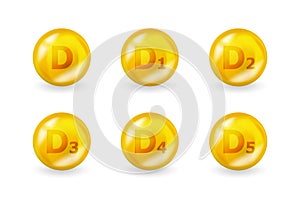 Set of D vitamin complex. Vitamin D1, D2, D3, D4, D5 and more. Multivitamin supplement illustration concept. Yellow