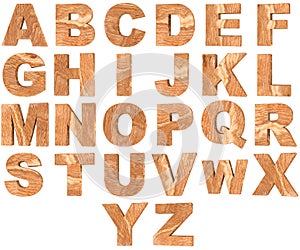 Set of 3D wooden English alphabet letters and Numbers from zero to nine isolated on white background.