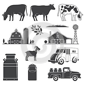 Set dairy and milk farm equipment icon. Vector illustration Set include cow, goat, farm, milk can, pickup silhouette