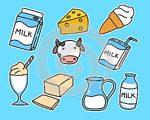 Set of dairy products vector with a cute design on blue background