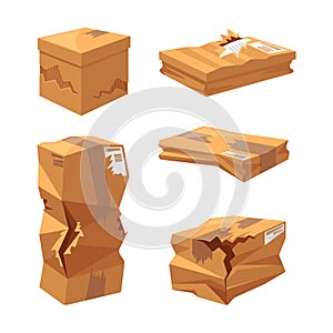 Set Of Damaged Cardboard Boxes With Various Sizes And Shapes with Signs Of Wear And Tear, Holes, Wrinkles, Illustration