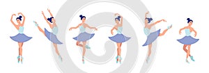 Set of dancing ballerinas in flat style isolated on white background. Cartoon ballerina character with different dance poses and