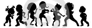 Set of dancing boy and girls shadows, having fun together in a kids party. Isolated watercolor illustration for children dancing