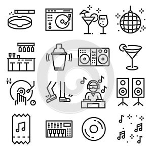 Set of dancing, dj, music, disco vector line icons