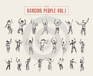 Set dancing gils drawn vector illustration sketch