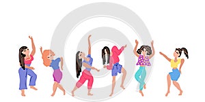 A set of dancing and jumping girls in colorful clothes. Vector illustration. Character collection. Isolated art