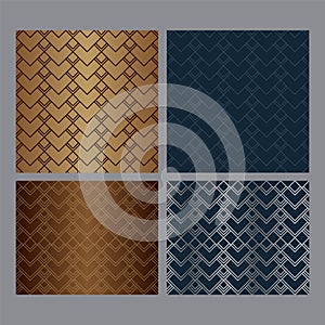 Set of dark blue, brown and silver art deco geometric seamless pattern