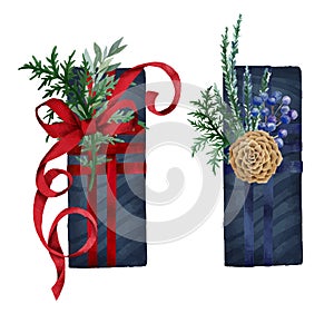 Set of dark blue christmas boxes decorated with fir branches