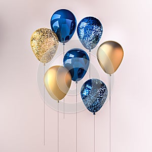 Set of dark blue and golden glossy balloons on the stick with sparkles on white background. 3D render for birthday, party, wedding