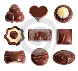 Set of Dark Chocolate sweets. Isolated on a white background.