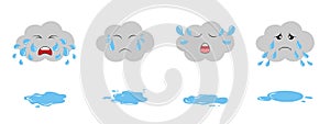 Set of dark crying clouds emoji and puddles. Fluffy rainy clouds. Cute cartoon weeping kawaii clouds collection.