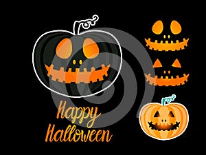 Set Dark Jack lantern pumpkin Happy Halloween jackolantern. Vector illustration isolated on black background.