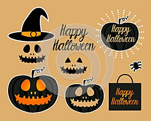 Set Dark Jack lantern pumpkin Happy Halloween jackolantern. Vector illustration isolated on gold background.