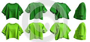 Set of dark light green lime woman loose cropped midriff tee t shirt round neck front, back and side view on transparent, PNG photo