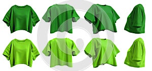 Set of dark light green lime woman loose cropped midriff tee t shirt round neck front, back and side view on transparent, PNG