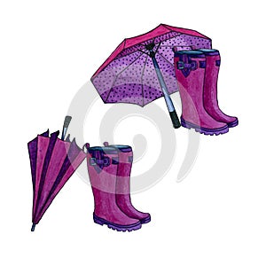 Set of dark pink boots with a different umbrellas.