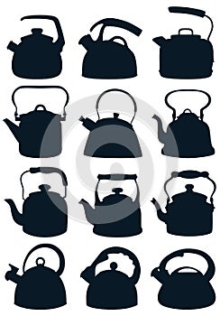 Set of dark silhouettes of kettles for plate. Vector illustration.