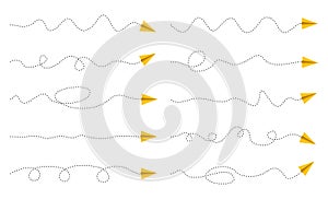 Set of dashed line paper airplane route. travel and air flight icons. Paper plane or aircraft on line path, aviation and