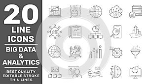 Set of Data Analysis and Big Data Related Vector Line Icons. Contains such Icons as Graphs, Traffic Analysis, Big Data, Data