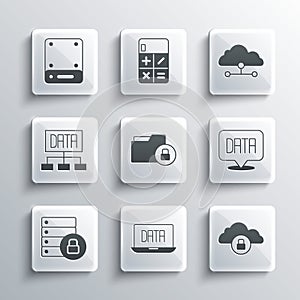 Set Data analysis, Cloud computing lock, Folder and, Server security with padlock, and Network cloud connection icon