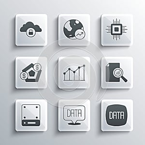 Set Data analysis, Document with graph chart, Pie infographic, Server, Financial growth, Cloud computing lock and