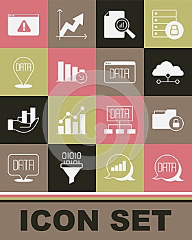 Set Data analysis, Folder and lock, Network cloud connection, Document with graph chart, Financial growth decrease