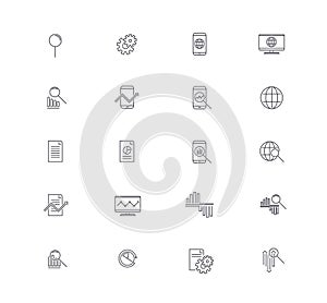 Set of Data Analysis icons. Vector Line Icons with magnifier, graph, circular graph and segment, gadgets, planet