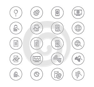 Set of Data Analysis icons. Vector Line Icons with magnifier, graph, circular graph and segment, gadgets, planet