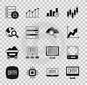 Set Data analysis, Server, Financial growth, Search globe, security with padlock and cloud computing icon. Vector
