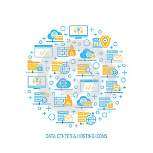 Set of Data center, hosting and cloud services icons.