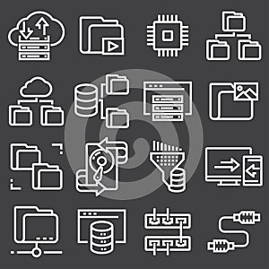 Set of data organization and management spot line web icons.