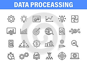 Set of 24 Data Proceassing web icons in line style. Graphic, analytics, statistic, network, diagrams, digital. Vector