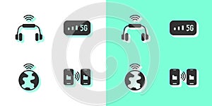 Set Data transfer and storage, Smart headphones system, Global technology and 5G wireless internet icon. Vector