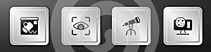 Set Data visualisation, Eye scan, Telescope and Genetic engineering icon. Silver square button. Vector