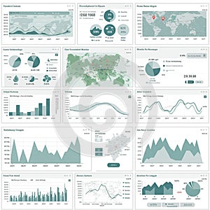 A set of data visualization charts and graphs arranged in a grid layout. It includes line
