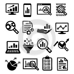 Set of data and web analytics related vector line icons set